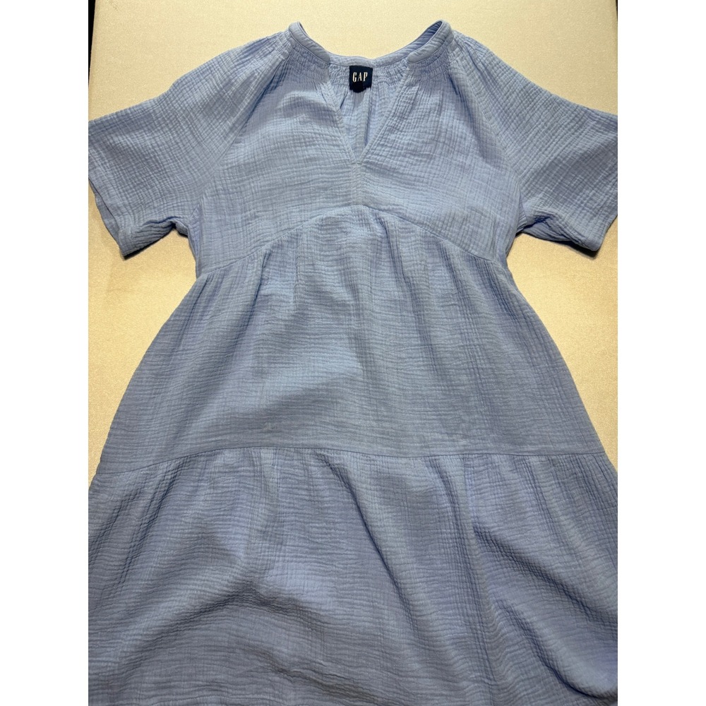 Gap Women Blue Cotton Gauze Tiered Mini Dress Size S NWT Short Sleeve Pocket